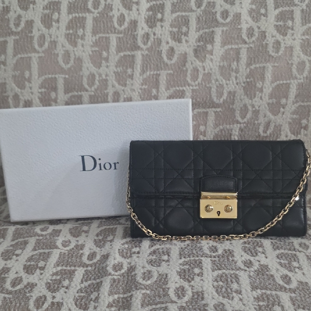 Dior Black Cannage Wallet with Gold Chain